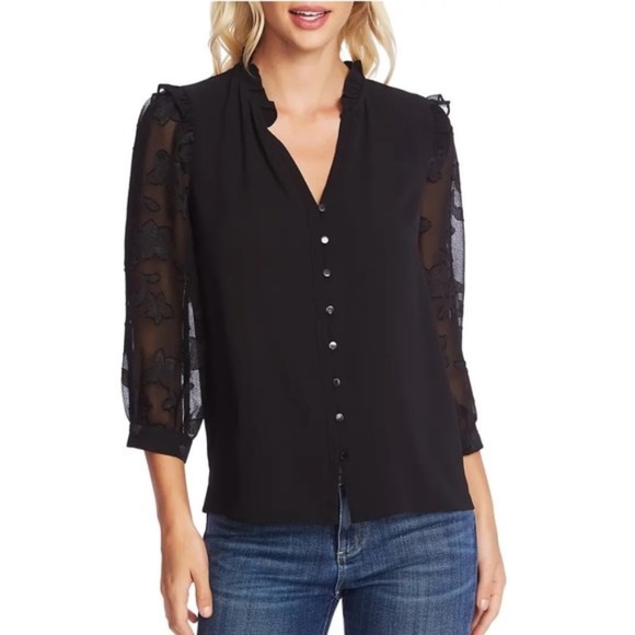 CECE Three Quarter Floral Jacquard Sleeve Top - Picture 1 of 5